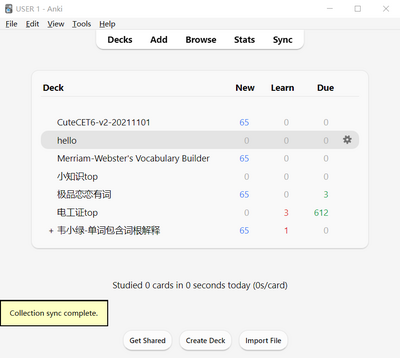 Anki 同步成功的样子